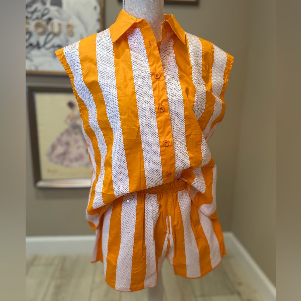 New! Set! QUEEN OF SPARKLES Orange and Sequin White Striped Top & Shorts Set
